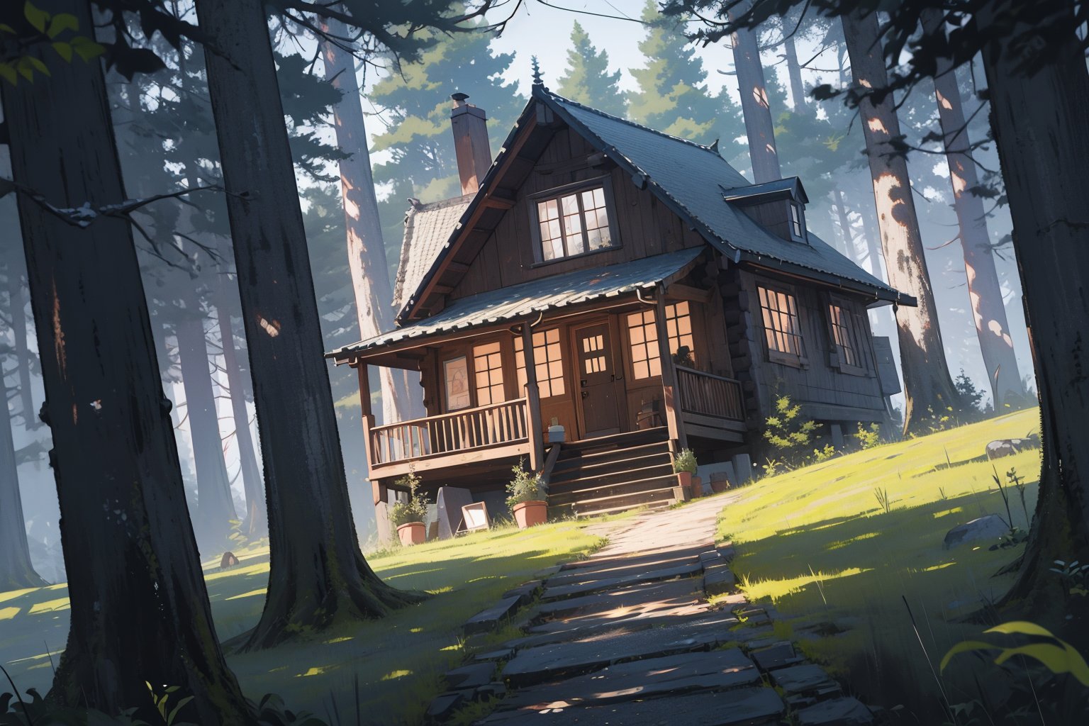 cabin, exterior, outdoors, forest, (dutch angle), masterpiece, best quality, highres