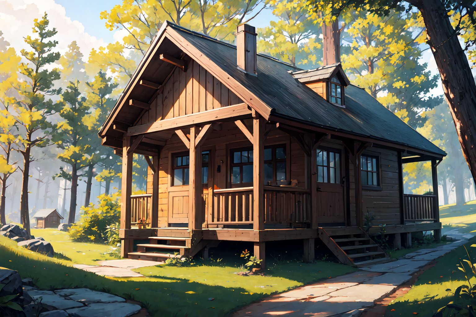 cabin, exterior, outdoors, forest, dutch angle, masterpiece, best quality, highres,Detail,Detailed