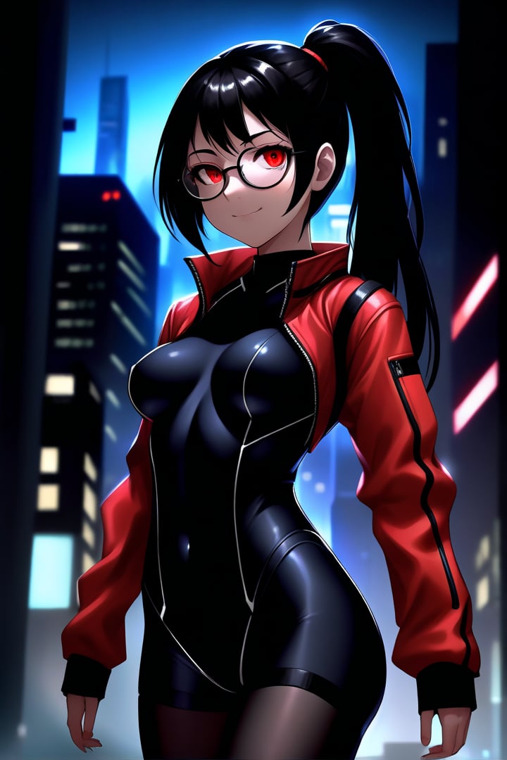 A dramatic scene unfolds as the 13-year-old girl with striking crimson eyes and jet-black ponytail hair, donning trendy glasses and a revealing bodysuit, stands confidently amidst a darkened urban landscape. Her tsundere expression hints at a hidden sweetness, as she innocently smiles, her full breasts subtly accentuated by the fitted attire. The red hi-tech jacket and black shorts add a pop of color to her edgy getup, while black stockings wrap around her legs like a sleek, futuristic armor. The night background sets the tone for a thrilling adventure, as our heroine prepares to take on whatever challenges come her way.
