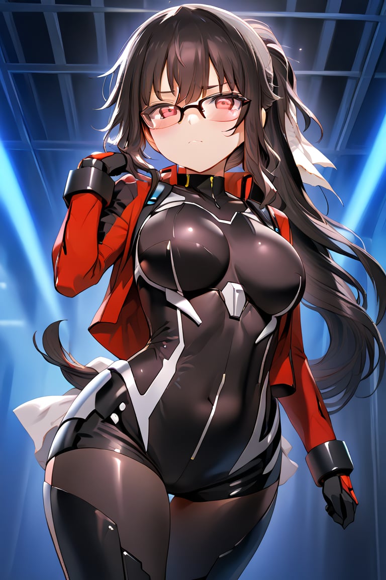 A 14 years old girl with black hair tied in a ponytail, and also beautiful scarlet eyes, stands confidently in an idol-like pose, exuding her tsundere expression that belies her ignorance and youthful innocence. Her tomboyish charm that represents her masculine-like is amplified by glasses perched on the end of her nose. Her black nanosuit, black shorts, and red jacket serves her enormous breasts and wide hips very well.