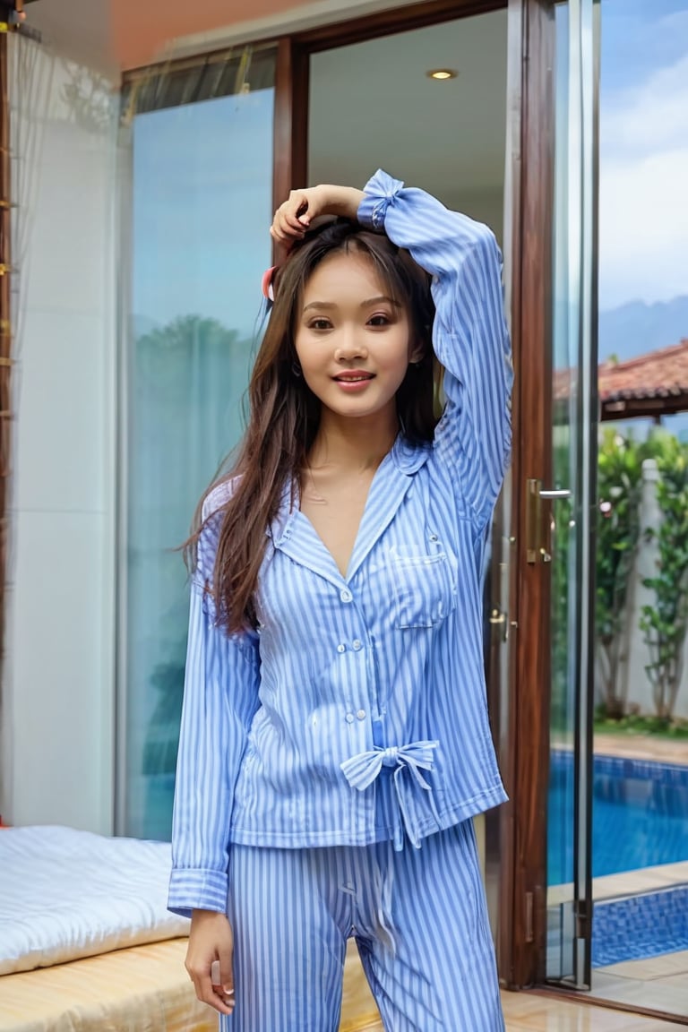 Realistic full body photo of a young skinny Asian pretty woman wearing casual pajamas with long sleeves and pants, hair ribbon, with long straight hair sitting on open door in bedroom of villa by the pool, show armpits, (((photorealism:1.4))), small smile, hair clip, skinny face, best quality, photography quality, 8k, 