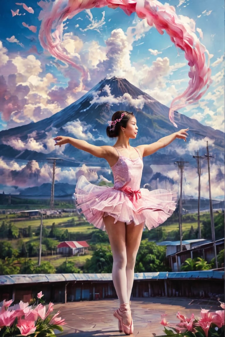 A cowboy shot of an Asian ballerina dancer stands center stage in a gleaming white tutu and pink pointe shoes, her arms outstretched as she twirls to the music. The Mayon Volcano rises majestically in the distant background, its iron latticework glistening in the fading light of day. The stadium's bright blue seats stretch out before her, empty and expectant. Girl holding a swirling ribbon. Big text in white saying "Thanks for 100 likes" in background,ADD MORE DETAIL,Text