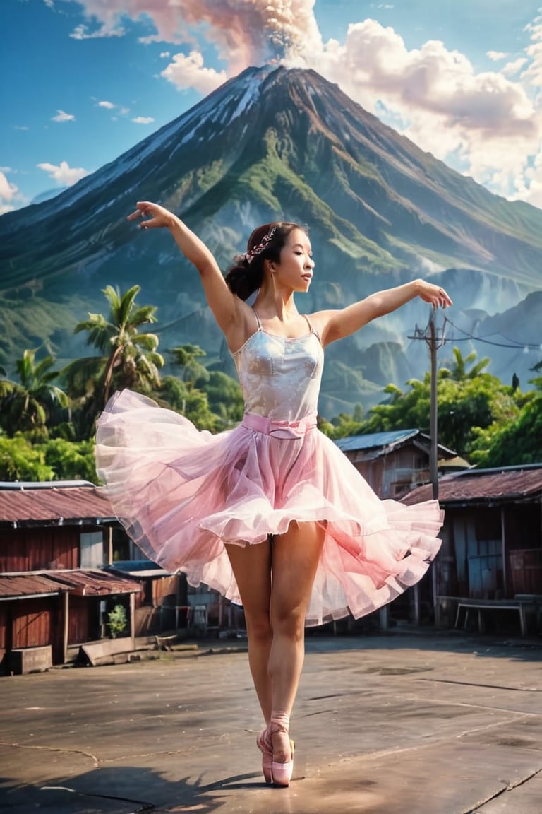 A cowboy shot of an Asian ballerina dancer stands center stage in a gleaming white tutu and pink pointe shoes, her arms outstretched as she twirls to the music. The Mayon Volcano rises majestically in the distant background, its iron latticework glistening in the fading light of day. The stadium's bright blue seats stretch out before her, empty and expectant. Girl holding a swirling ribbon. Big text in white saying "Thanks for 100 likes" in background,ADD MORE DETAIL,Text