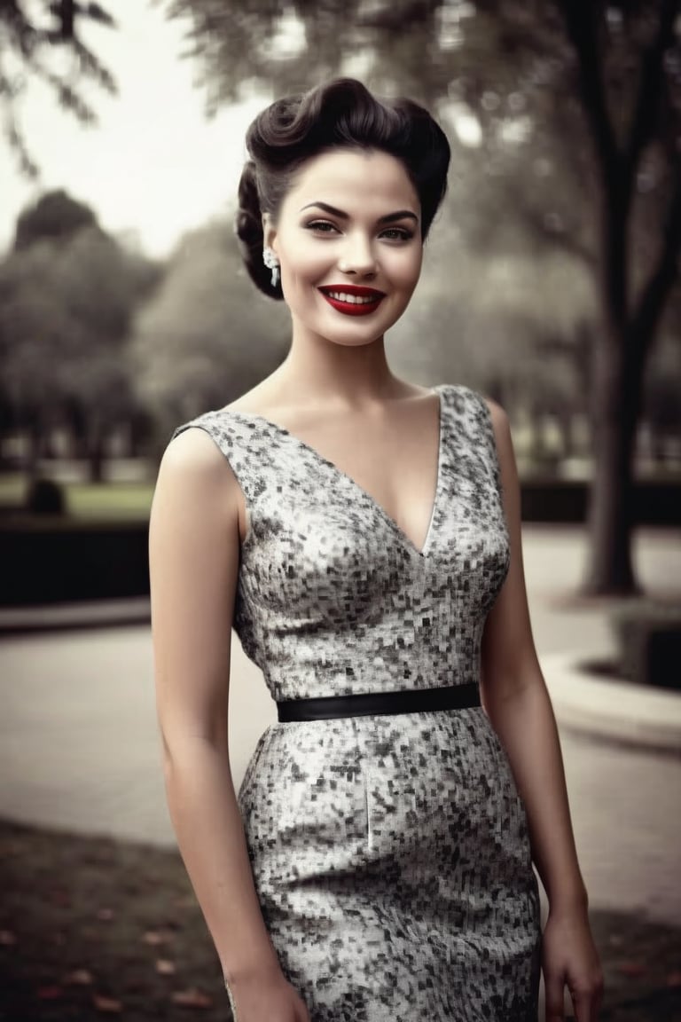  (photographic artwork, masterpiece) (((monochrome  image 40s style black and white) and red ), yellow hue to the background)  a full-body  portrait  of a grinning  lady with dark red lipstick coloured lips in a parc , dark palette , transparent  fading,  resolution and contrast and colour contrast,  intricately textured and extremely subtle detailed,  detailmaster2,  side-light,  ultra quality,  fine artwork 