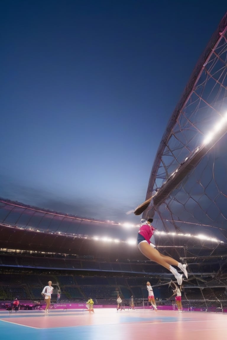 A dynamic volleyball player leaps into action, slamming the ball over the net with precision and power during a thrilling match at the 2024 Paris Olympics. The bright stadium lights cast a warm glow on the athlete's determined face, while the distant Eiffel Tower stands tall as a majestic backdrop, its iron latticework glistening in the fading light of day.