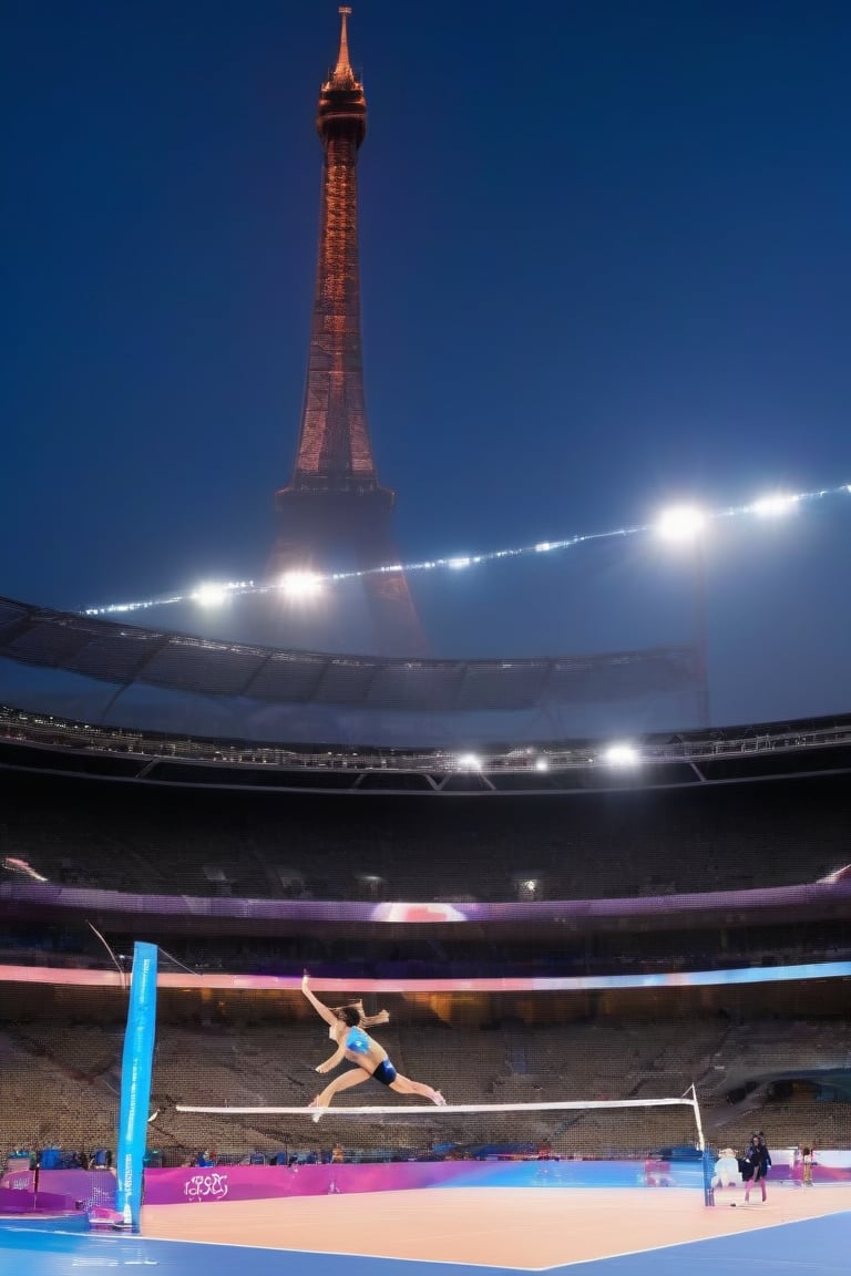 A dynamic volleyball player leaps into action, slamming the ball over the net with precision and power during a thrilling match at the 2024 Paris Olympics. The bright stadium lights cast a warm glow on the athlete's determined face, while the distant Eiffel Tower stands tall as a majestic backdrop, its iron latticework glistening in the fading light of day.