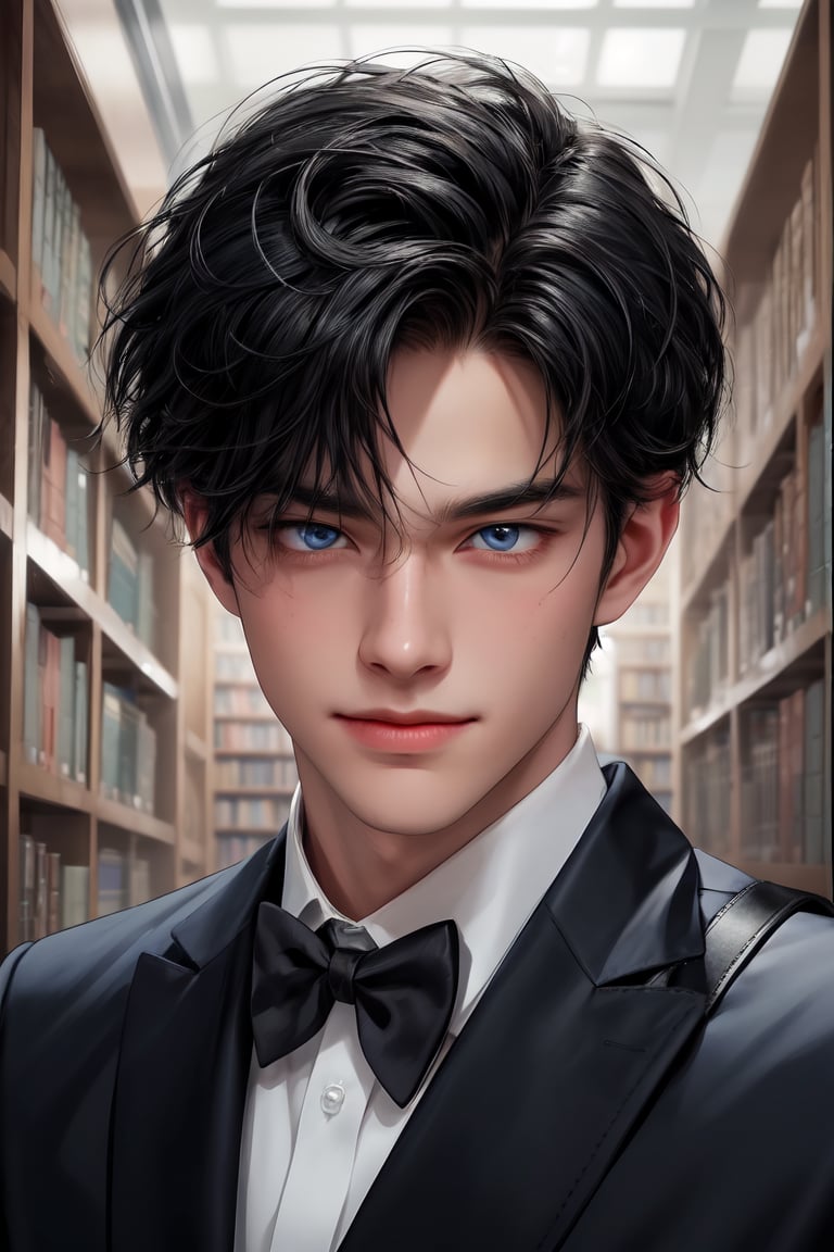 1boy, sexy wink. He is very handsome, he wears a high school uniform (white shirt, black bowtie, pants, backpack, books). detailed image, detailed skin. trendy hairstyle, blue eyes, black hair, sad and confused, close-up, Heleans a little, standing, medium long shot, luxurious library in background, tender smile.,cute,boy,Add more detail. The podium. Masterpiece, detailed study of the face, beautiful face, beautiful facial features, perfect image, realistic shots, detailed study of faces, full-length image, 8k, detailed image. an extremely detailed illustration, a real masterpiece of the highest quality, with careful drawing.
