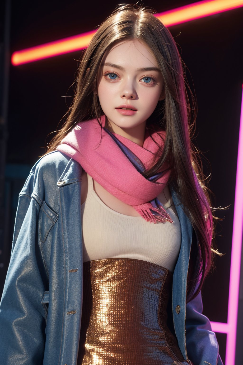 score_9, (Masterpiece), REALISTIC, UHD, vivid colors, color enhanced filter, 8K, more detail, high contrast, ultra high_resolution, sharp, (advertisement shot), 1girl, ((She looks like Elle fanning, eyes look like Mila kunis, light smile)), 20yo, ((straight hair)), symmetrical eyes, detail face feature, well-proportioned body, detailed fabric textures in clothing, she is a super model, (magazine photo, Prada brand automn fashion collections dress and jacket and scarf and accessories), (virtual reality world neon city computer graphic background)