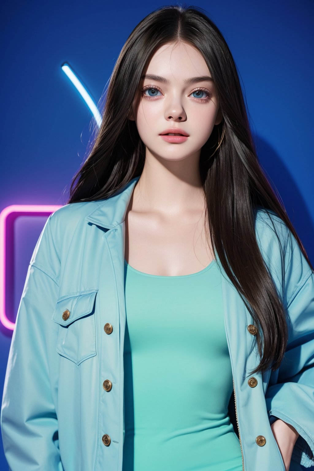 score_9, (Masterpiece), REALISTIC, UHD, vivid colors, color enhanced filter, 8K, more detail, high contrast, ultra high_resolution, sharp, (advertisement shot), 1girl, ((She looks like Elle fanning, eyes look like Mila kunis, light smile)), 20yo, ((straight hair)), symmetrical eyes, detail face feature, well-proportioned body, detailed fabric textures in clothing, she is a super model, (magazine photo, ZARA brand summer fashion collections dress and jacket and accessories), (CG neon light background), (lettering on the wall like "HIKER")