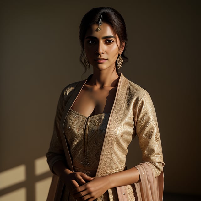 A photo-realistic image of a 40-year-old Pakistani Muslim woman, her light brown eyes piercing and captivating. Dressed in traditional Pakistani attire, she stands solo, her gaze directly meeting the viewer's with intensity. Dramatic lighting accentuates her strong, confident posture, while strong sunlight illuminates her eyes, enhancing her striking beauty. The scene, in a square aspect ratio, is rendered natural and realistic, with a neutral background that keeps the focus solely on her.