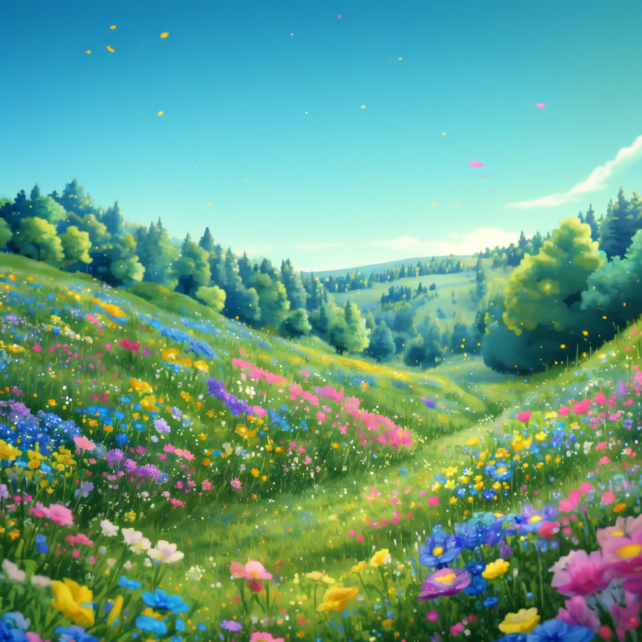 A vibrant meadow adorned with a diverse array of wildflowers, under a clear blue sky. The scene is framed with a wide-angle shot, capturing the expansive field with flowers in various hues of pink, yellow, and blue. Soft, natural lighting enhances the texture and colors of the flowers. The composition includes a gentle slope of the meadow, leading the eye towards a distant line of trees. No specific human or animal presence, focusing purely on the natural beauty of the wildflower meadow.