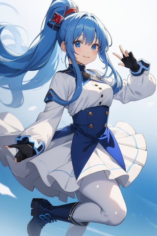 (anime:1.4)
best quality,  masterpiece,  ultra high res,  RAW photo
1girl,  long hair, low ponytail, blue hair, blue eyes, blue boots, white dress, white skirt, long sleeves, fingerless gloves, black gloves, black pantyhose, smiling,


BREAK
Cheerfully greeting everyone, 
