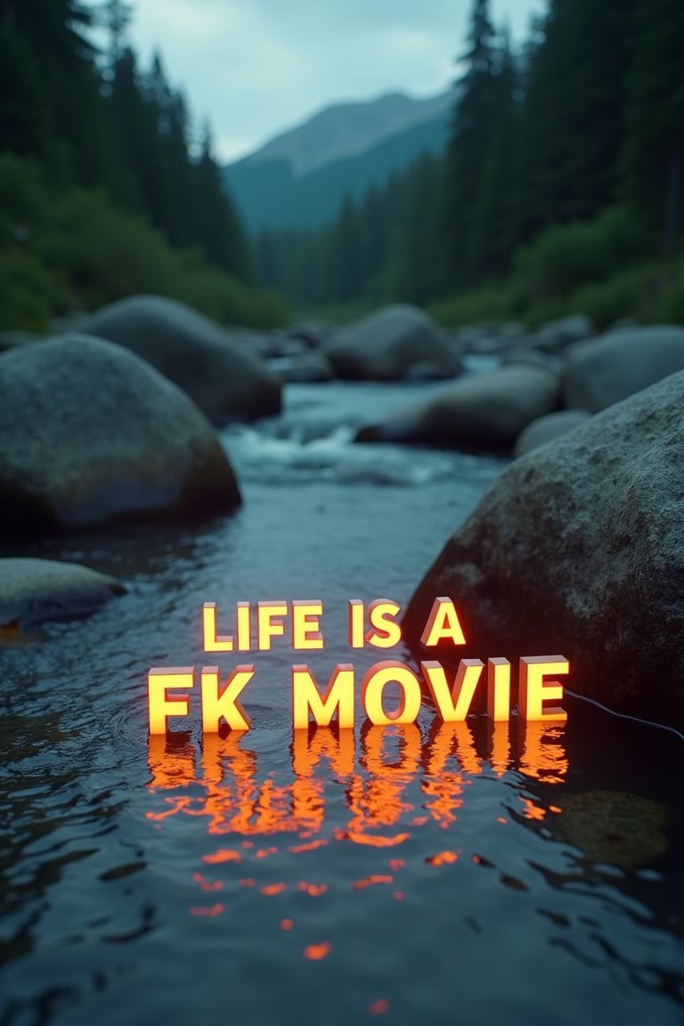 A scene with 3D text glowing reading "Life is a FK Movie" semi submerged in a rocky Nordic  river in summer with reflection's , Low wide angle, flowing river, Expressiveh,(best quality:1.1), (detailed), (highres, best quality:1.2) ,  cinematic lighting, black pro mist filter, Hollywood filter, film still cinematic photo breathtaking score_9, score_8_up, score_7_up, BREAK, 8k, masterpiece, high quality, highly detailed, detailed skin, depth of field, film grain, highly detailed, detailed skin, depth of field, film grain,  . award-winning, professional, highly detailed . 35mm photograph, film, bokeh, professional, 4k, highly detailed . shallow depth of field, vignette, highly detailed, high budget Hollywood movie, bokeh, cinemascope, moody, epic, gorgeous, film grain