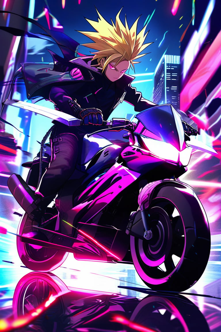 Anime, Cloud Strife, with his iconic spiky blonde hair, races on a roaring motorcycle, slashing skillfully at pursuing Shinra troops. The dystopian city of Midgar's multilayered neon lights rush by in a dazzling display, casting brilliant reflections on his massive Buster Sword, creating a harmonious dance of light and metal with every swing.