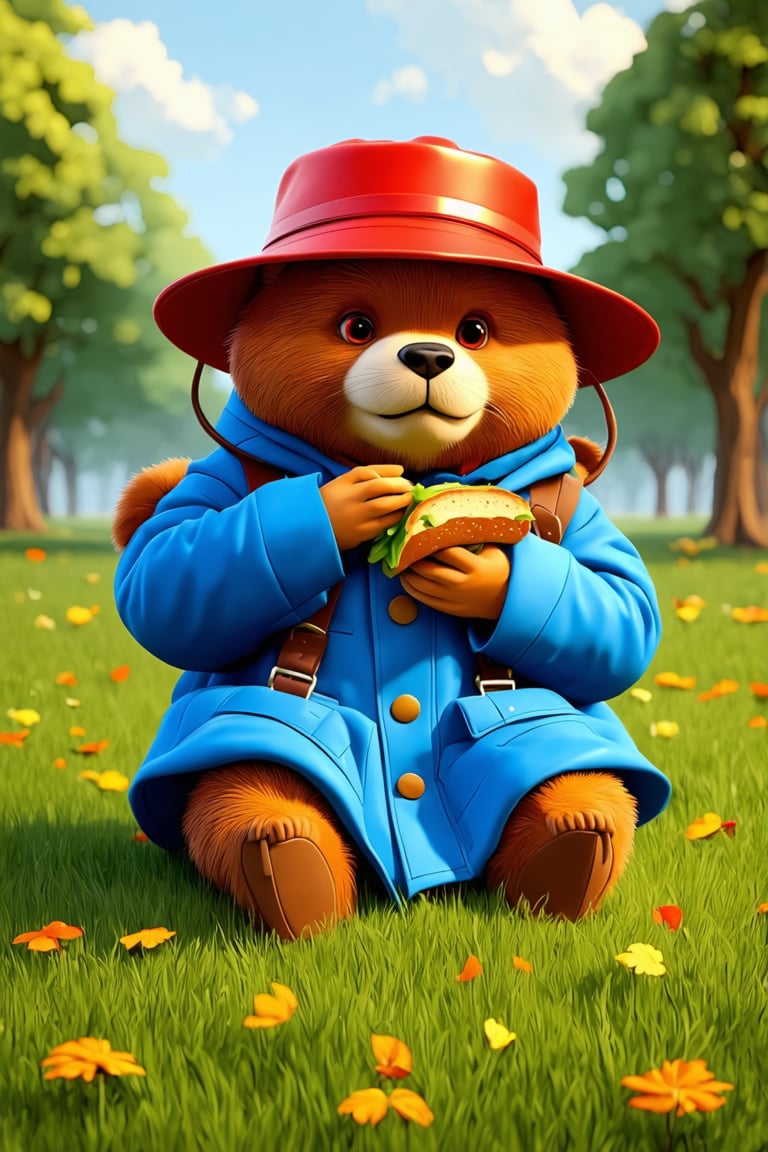 masterpiece, best quality, Paddington, large bear character, (wear red stained bucket hat:1.2), (blue duffle coat:1.2), sit on grass at London's Hydepark, (eat sandwich:1.2), detailed illustration, fantasy art style, vibrant colors, by Paul Kidby, whimsical and humorous, highly detailed, expressive facial features, dynamic pose, 4k resolution, masterpiece digital painting,3D render,cartoon style,3D cartoon