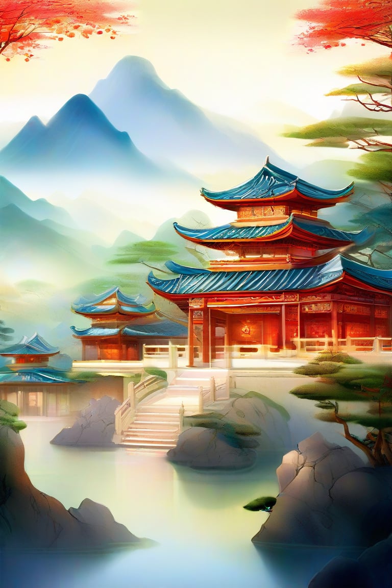 (Illustration:1.3) Chinese style buildings in the mountains ,(by Artist Anna Dittman:1), (((masterpiece))), (((best quality))), ((ultra-detailed)),(detailed light),((an extremely delicate and beautiful)),