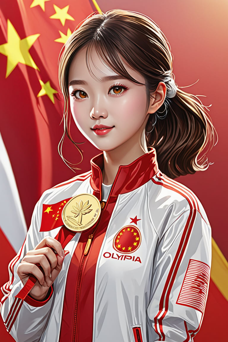 detailed illustration, dynamic angle, ultra-detailed, illustration, 1girl, Chinese flag, white and red jacket, medium, Olympic Awards Ceremony, olympic competition, yellow-brown eyes, bright eyes, podium, 