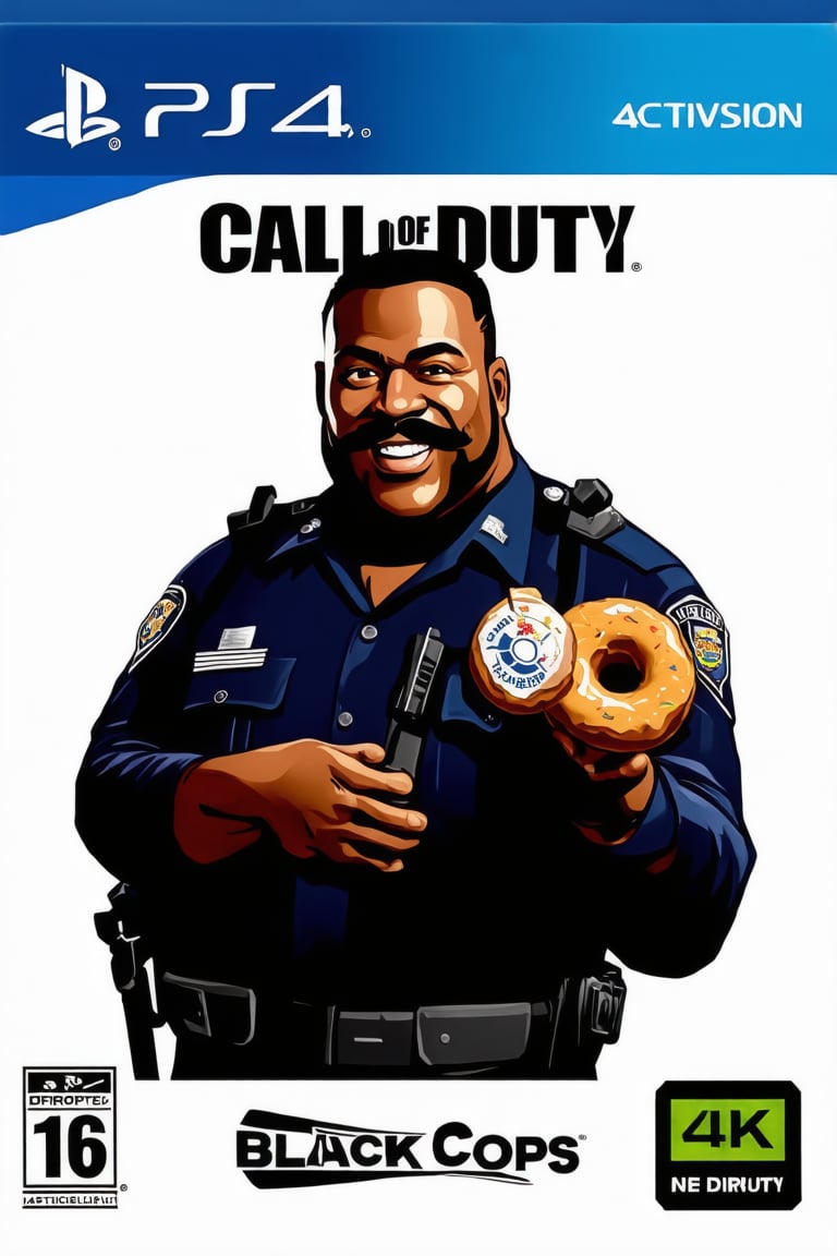 A video game disc cover, in the style of Call of Duty, the front depicts an african-american police officer in uniform, overweight, smiling, moustache, holding a donut,
((The heading heading is "Call of Duty: BLACK COPS")),
masterpiece, 4k, photorealistic, call of duty font, Detroit background, PG 16 logo on bottom of cover, N-Vidia, logo on cover, Activision logo on cover,