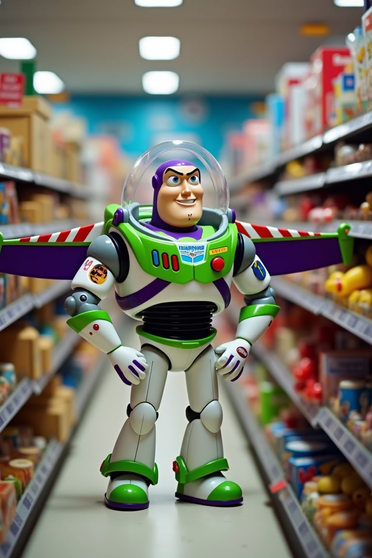 Lots of Buzz Lightyear on the supermarket shelves, and one of them says, "Buy Me."