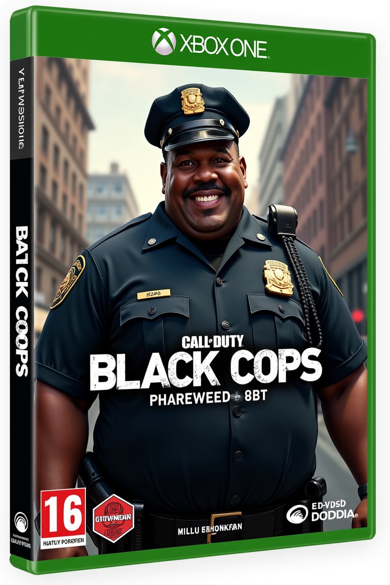 A video game disc cover, in the style of Call of Duty, the front depicts an african-american police officer in uniform, overweight, smiling, moustache, holding a donut, ((The heading heading is "Call of Duty: BLACK COPS")), masterpiece, 4k, photorealistic, call of duty font, Detroit background, PG 16 logo on bottom of cover, N-Vidia, logo on cover, Activision logo on cover,