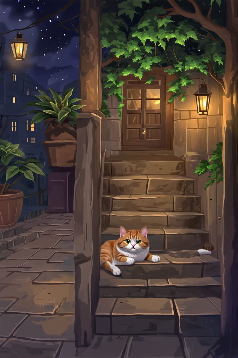 a0b, no humans, fluffy cat lying at foreground, animal, (from above:1.2), beutiful scenery of night cityscape, (outdoors:1.1), 4k, 10bit color, tree, window, stairs, potted plant, lance vines, lantern, overgrown, deep wide shot, masterpiece, best quality, ultra high res, extreme detailed illustration, full of colour, detailed, intricate, extreme details, cinematic, insanely detailed,(from above:1.3)