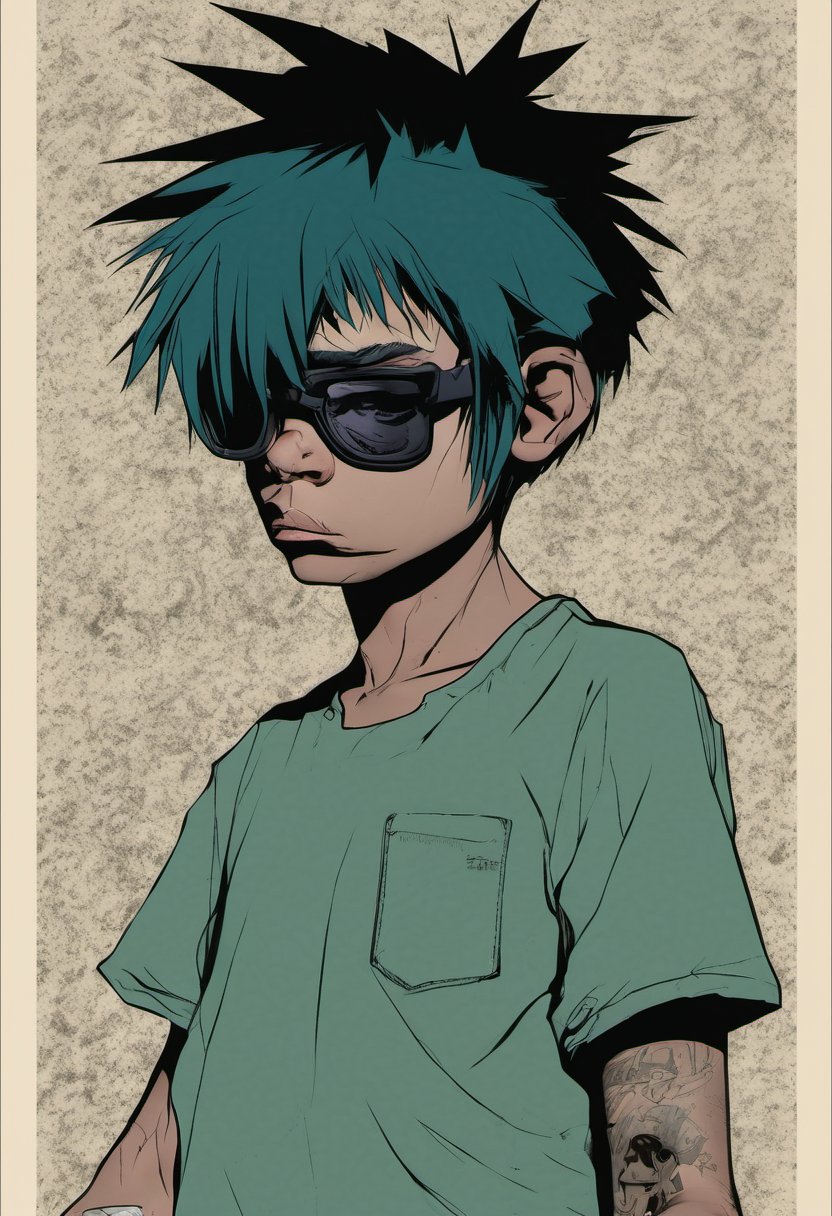 score_9, source_Poster, (?!-frame comic) Tortured by jamie christopher hewlett (Gorillaz), All Color