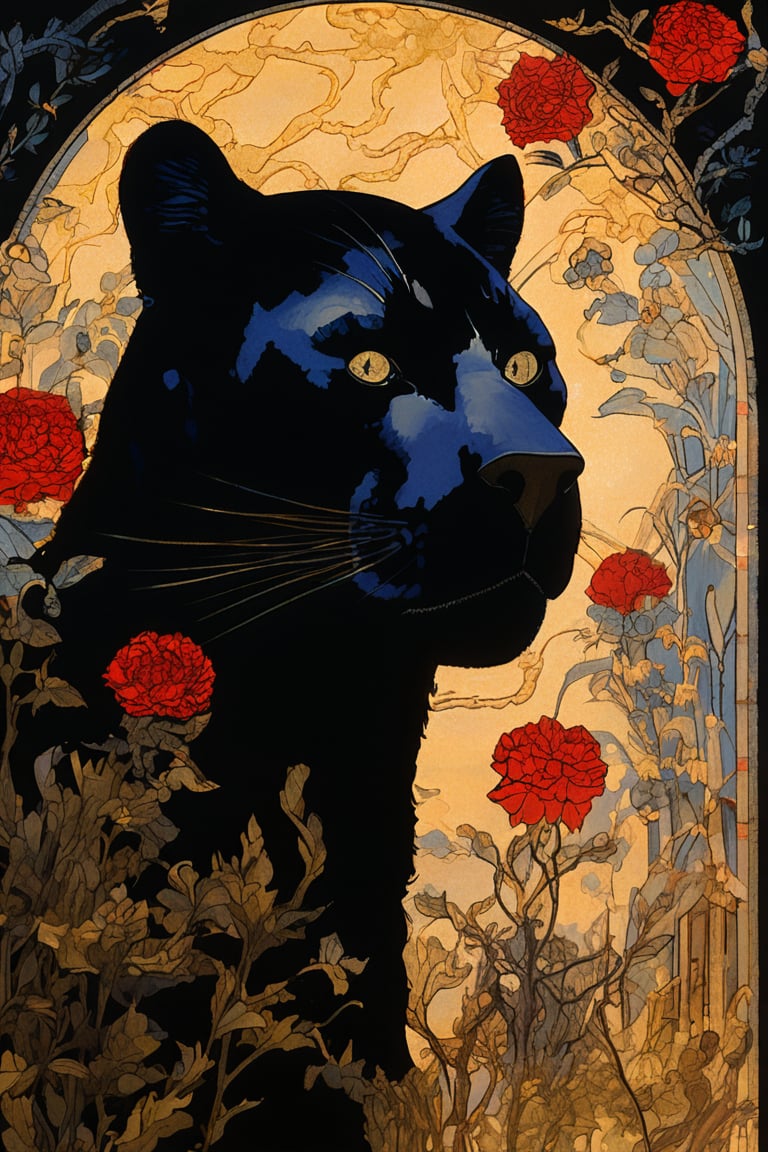 (masterpiece, best quality, shadow puppet fairy tale, best quality, official art, beautiful and aesthetic: 1.2), highly detailed, captured in the detailed gouache style of Hieronymus Bosch and Klimt. Black Panther