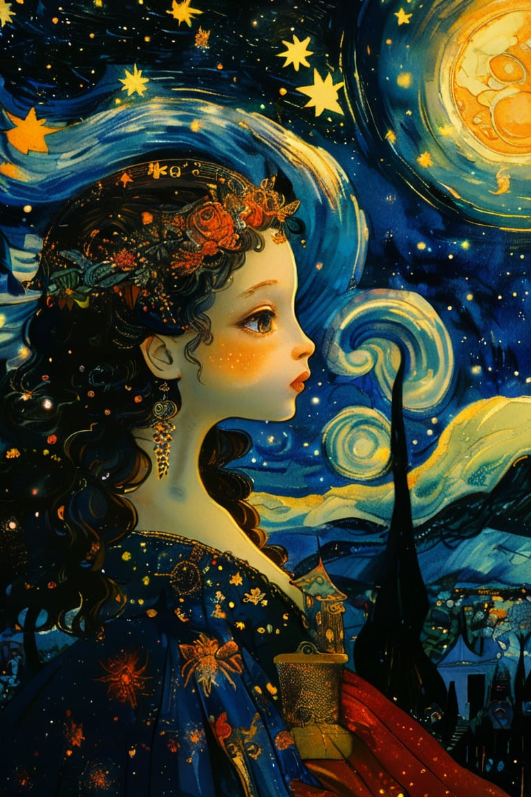 (masterpiece, best quality, best quality, official art, beautiful and aesthetic: 1.2), (one girl: 1.4), highly detailed, starry night, captured in the detailed gouache style of Hieronymus Bosch and Klimt. Shadow puppet fairy tale