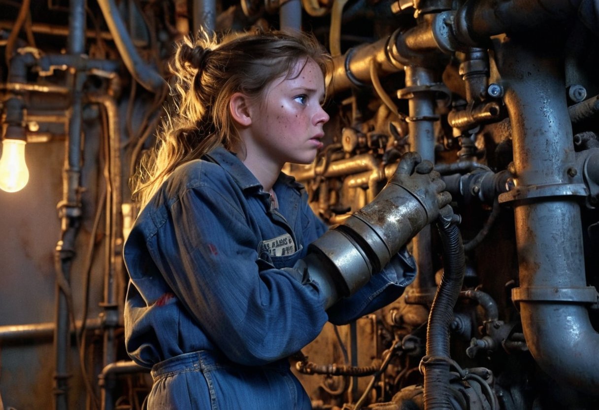 A young girl in worn blue jeans and oil-stained coveralls is precariously perched within a cramped, industrial setting. Valves, pipes, cables, and ducts surround her as she grapples with a stubborn valve, her gloved hand tightening the mechanism amidst a tangle of messy, cluttered metalwork. The sharp lighting accentuates every detail, from the streaks of oil on her face to the determined glint in her sidelong gaze. In this cinematic, epic scene, the subject's rugged beauty shines like a beacon amidst the mechanical chaos.,glowneon,glowing,sparks,lightning