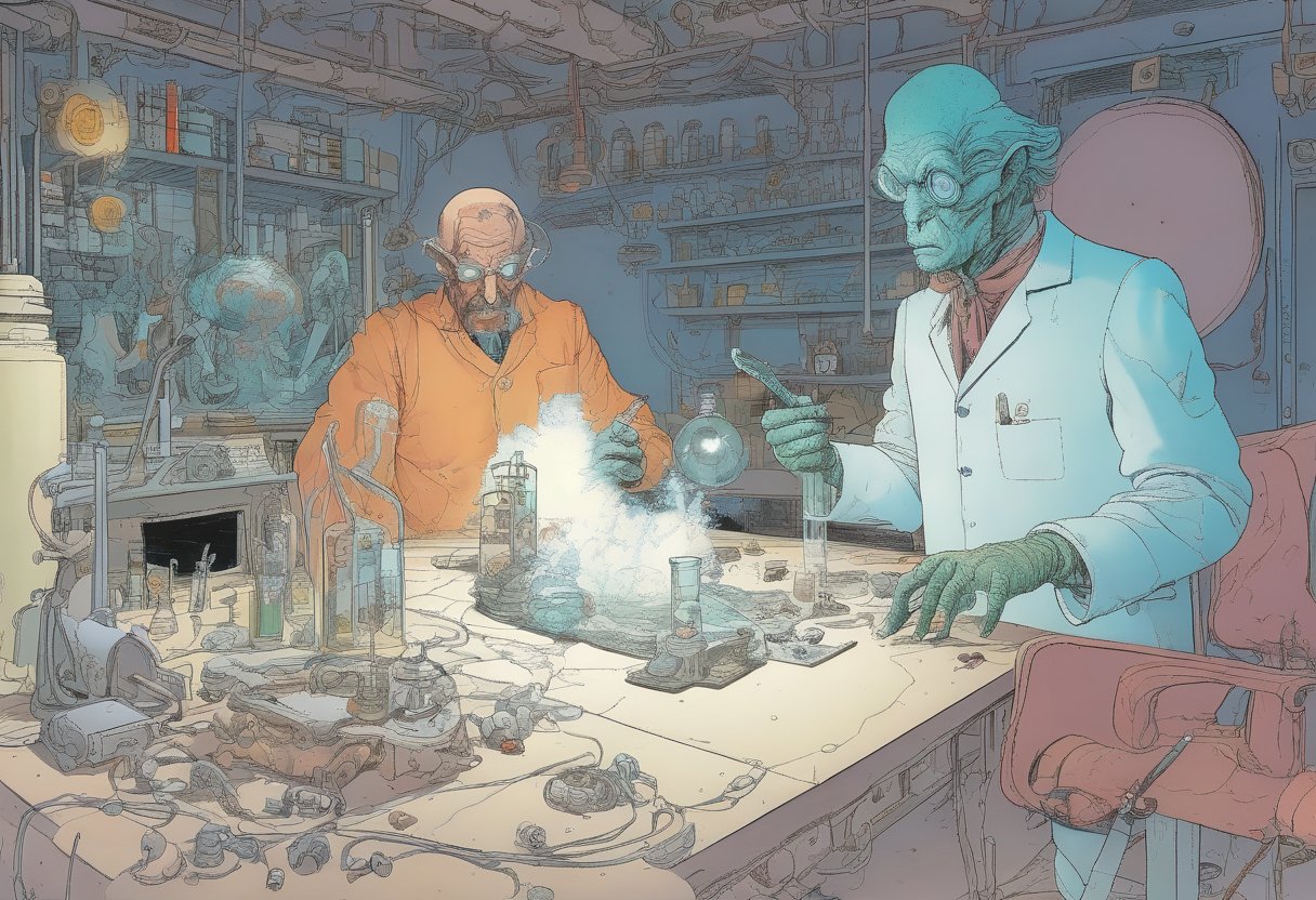 (?!-Panel Comic) Tortured by MOEBIUS (Mad Science), Art Station, Bande Dessinée story transcription, full color, 19th century style laboratory