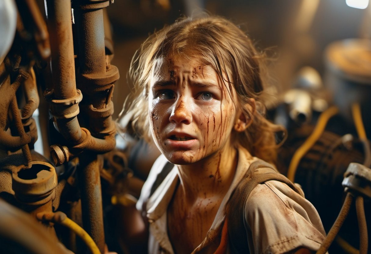 Close-up shot of a young girl in worn work clothes, her face smudged with oil and sweat, as she contorts herself to reach a valve buried amidst a maze of pipes, cables, and ducts. Her hands are stained with grime as she struggles to tighten the stubborn mechanism. The cramped space is cluttered with tools and equipment, casting long shadows in the dim lighting. The subject's gaze is fixed intently on the scope of work before her, her expression a mix of determination and frustration.