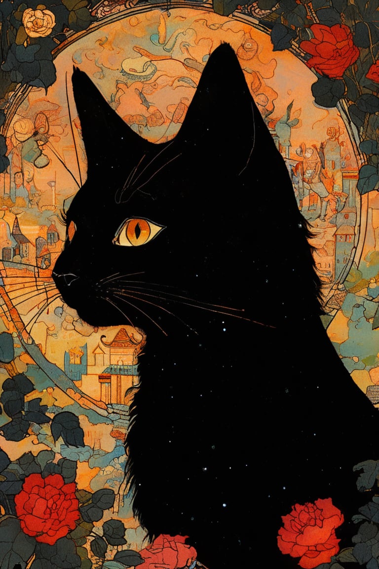 (masterpiece, best quality, shadow puppet fairy tale, best quality, official art, beautiful and aesthetic: 1.2), highly detailed, captured in the detailed gouache style of Hieronymus Bosch and Klimt. Black Cat