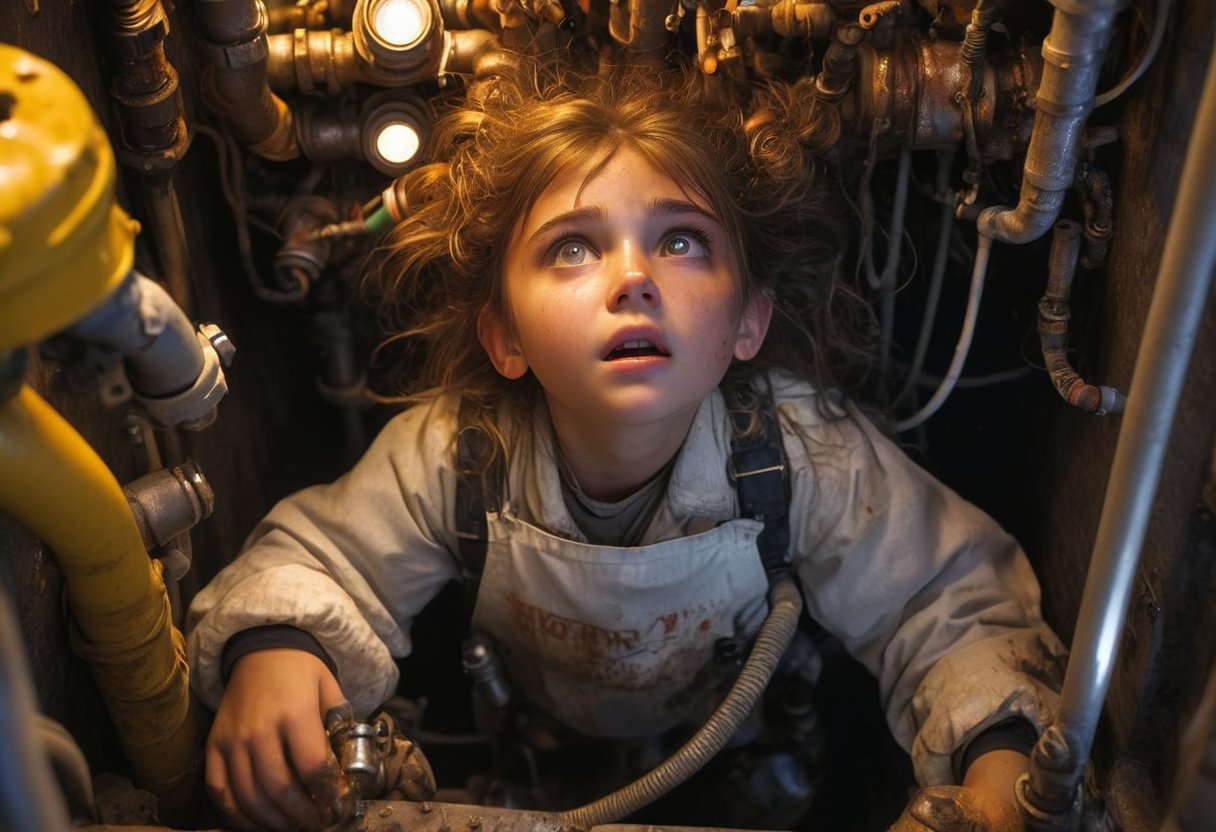 A young girl in work clothes, covered in oil, is wedged in a small space with valves, pipes, cables and ducts, tightening a valve. Sharp, detailed, cinematic, epic, detailed, messy, cluttered and sidelong glanced. <> CXL-Mech.Apoloniasxmasbox