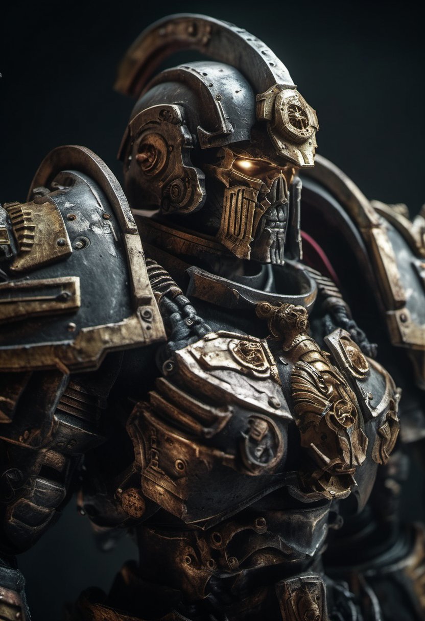 Warrior in repose: A cinematic oblique angle shot frames a Warhammer 40k-inspired warrior, rendered in photorealistic detail. Focus centers on the armored suit's intricate anatomy, with textured plates and metallic accents radiating light against a dark background. The figure stands statue-like, exuding power and intensity as if poised to charge into battle.