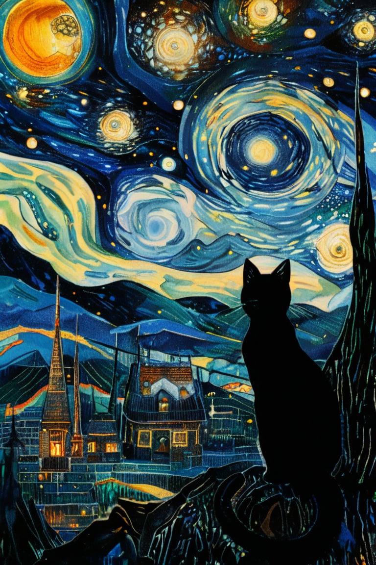 (masterpiece, best quality, best quality, official art, beautiful and aesthetic: 1.2), (one girl: 1.4), highly detailed, starry night, captured in the detailed gouache style of Hieronymus Bosch and Klimt. Shadow puppet fairy tale, Black Cat