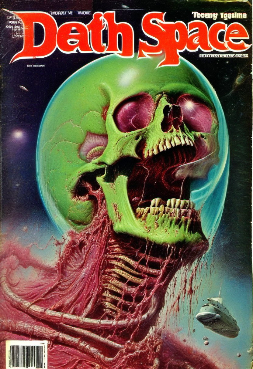 70s magazine cover "Death in Space", gory, seedy, slimy