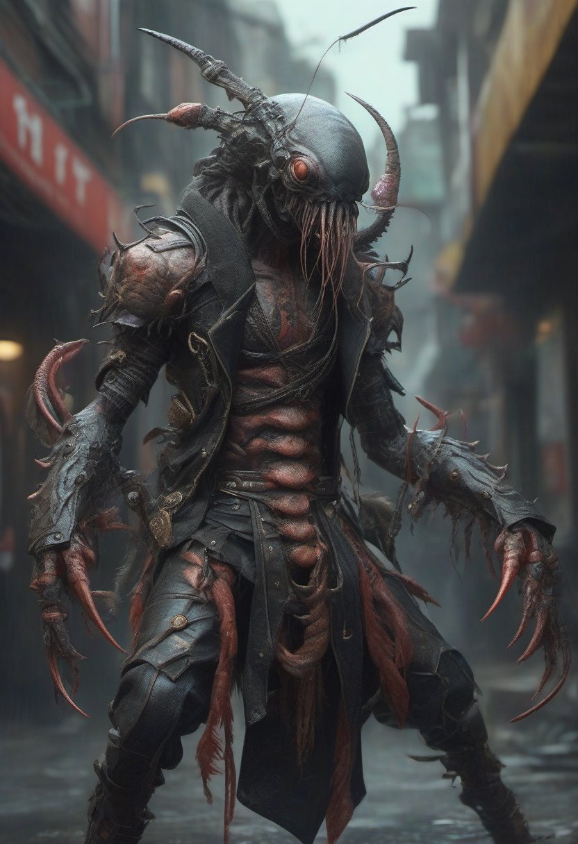 (Design: Yasushi Nirazawa. Artwork based on full-body design of concept art with (crustacean) theme, variation) Punk leather fashion, asymmetrical character, oblique angle shot, anatomy, trending on ArtStation, trending on CGSociety, elaborate, high resolution, sharp focus, dramatic, photorealistic painting art by Midjourney and Greg Rutkowski, LegendDarkFantas