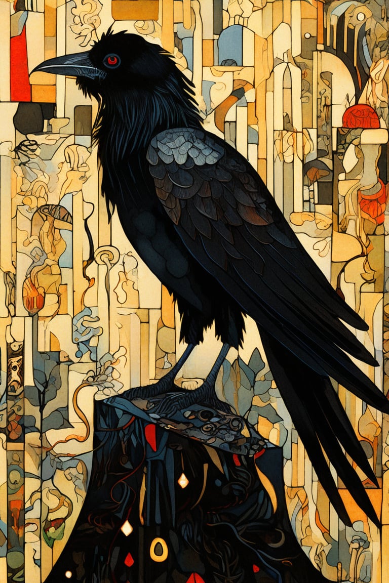 (masterpiece, best quality, shadow puppet fairy tale, best quality, official art, beautiful and aesthetic: 1.2), highly detailed, captured in the detailed gouache style of Hieronymus Bosch and Klimt. Black crow