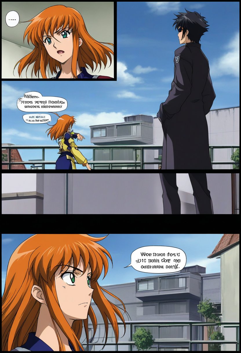 (Panel 1: Rooftop View
The sun is sinking below the horizon, casting a warm light on the roof of Nodos Academy. Rusty railings edge the roof, and the wind rustles the leaves of a nearby potted plant.
Sato Ikumi stands near the edge, clutching the concrete with her combat boots. Her eyes are cold, her fists clenched with determination.
Panel 2: Kasumi's Arrival
From the other side of the rooftop, Hamauzu Kasumi appears. His long black hair falls around his face, partially hiding his calculating expression.
The setting sun accentuates the sharp angles of his face, and the coldness of his eyes contrasts with the warm hues of the sky.
Panel 3: Showdown
Ikumi and Kasumi lock eyes. The tension between them is electric. Their Geass powers are ready to ignite.
No words are spoken, but their intentions are clear. Ikumi's resolve hardens, and Kasumi's smile widens, like a predator sensing its prey.
Panel 4: A Silent Showdown
The setting sun paints the scene in hues of orange and purple. Shadows stretch across the rooftops, lengthening silhouettes.
Ikumi's fingers twitch, itching to draw her weapon. Kasumu's hands hover near her pockets. Hidden power lies there.
Panel 5: A Careful Observer
In the background, Akira Kirina leans against the door leading to the staircase. Her golden hair catches the fading light.
She watches, unseen and her expression unreadable. Perhaps she knows more about the secrets hidden behind the teacher's mask than she's willing to let on.