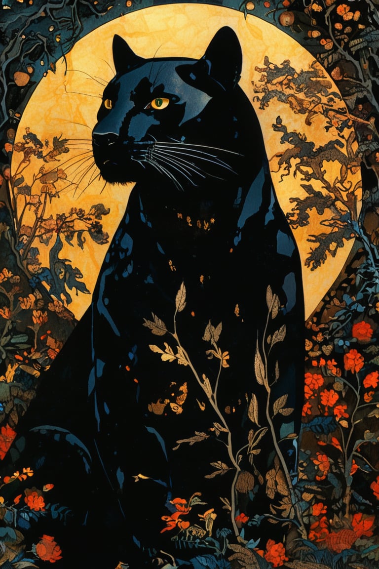 (masterpiece, best quality, shadow puppet fairy tale, best quality, official art, beautiful and aesthetic: 1.2), highly detailed, captured in the detailed gouache style of Hieronymus Bosch and Klimt. Black Panther