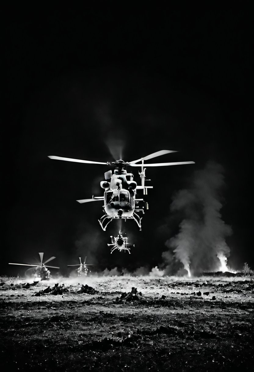 Capture images of the battlefield (through thermal imaging and night vision cameras)Battlefield scene, helicopter, 
debris,explosion,DonMD34thM4g1cXL,Clear Glass Skin