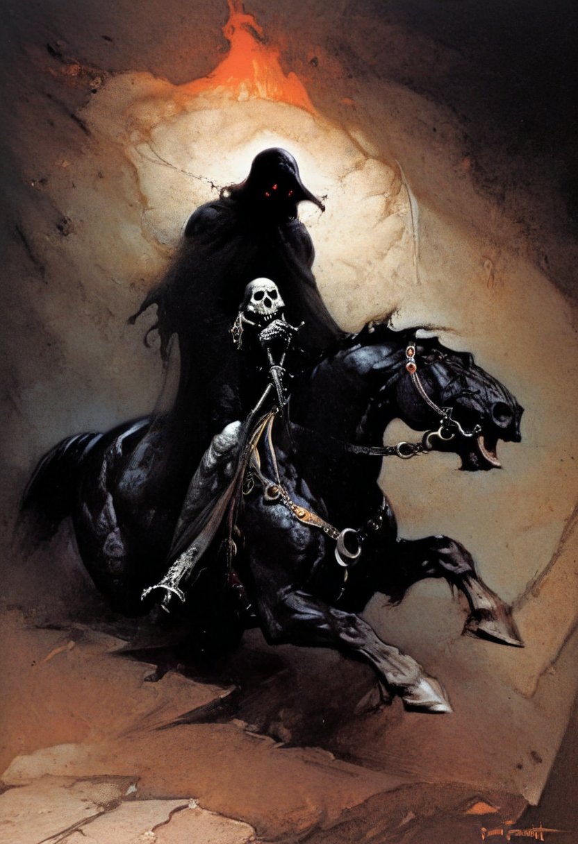 score_9, source_Poster, (Darkness and Shadow by Nicola Samori),(?! Frame Comics) Frank Frazetta's Persuasion (Art Collection), fr4z3tt4, Dark, Grim Reaper on a Black Horse