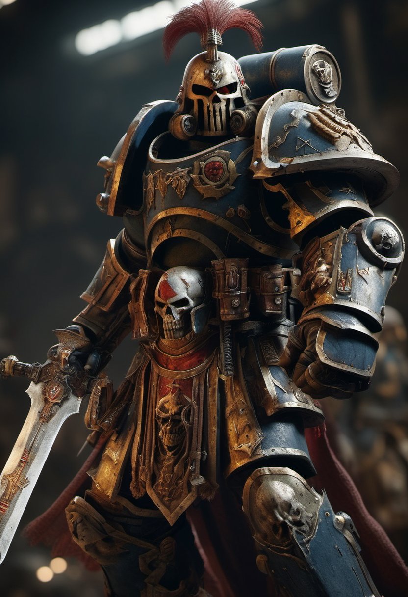 In Midjourney's photorealistic masterpiece, an oblique angle shot captures a Warhammer 40k-inspired warrior standing tall, rendered in exquisite detail. The subject dominates the composition against a dark background, with attention-grabbing highlights on armor plating. Dramatic lighting casts a sense of power and intensity, as if poised to charge into battle. Sharp focus on anatomy highlights intricate design elements.