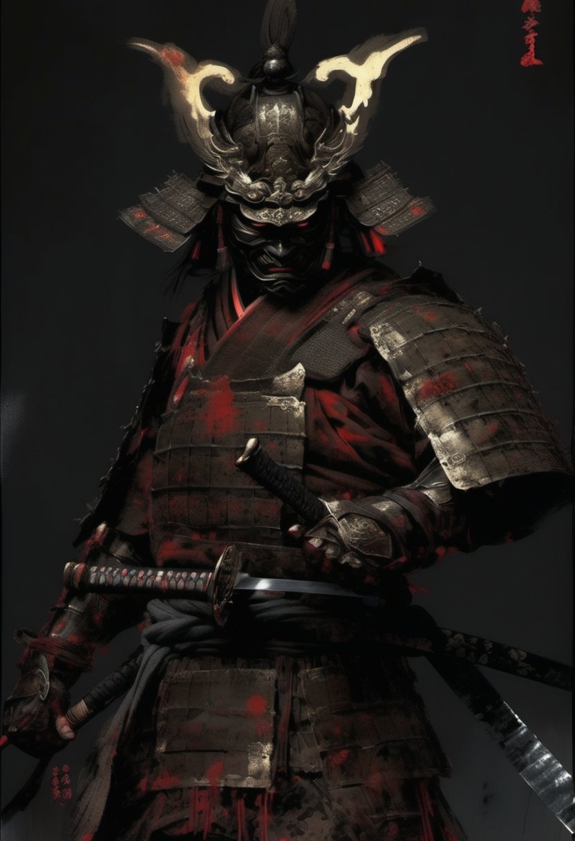 Score 9, Source Manga, (2 page manga) (Japanese samurai in Japanese armour engaged in slashing combat in the dark), Excellent image quality, Exquisite detail, Charcoal drawing, Charcoal, Popular Japanese action manga, Ink painting, Holding a sword, Swinging a sword down, Black aura, Glowing eyes, Demon mask, Cold air coming from mouth