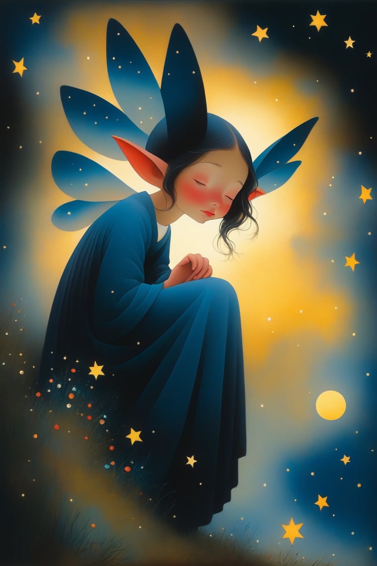 (masterpiece, best quality, best quality, official art, beautiful and aesthetic: 1.2), (one girl: 1.4), highly detailed, starry night, captured in the detailed gouache style of Hieronymus Bosch and Klimt. Shadow puppet fairy tale