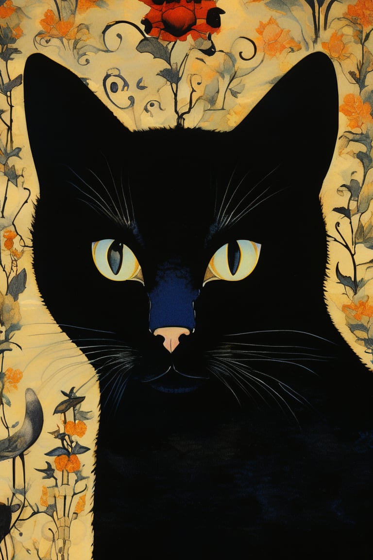 (masterpiece, best quality, shadow puppet fairy tale, best quality, official art, beautiful and aesthetic: 1.2), highly detailed, captured in the detailed gouache style of Hieronymus Bosch and Klimt. Black Cat