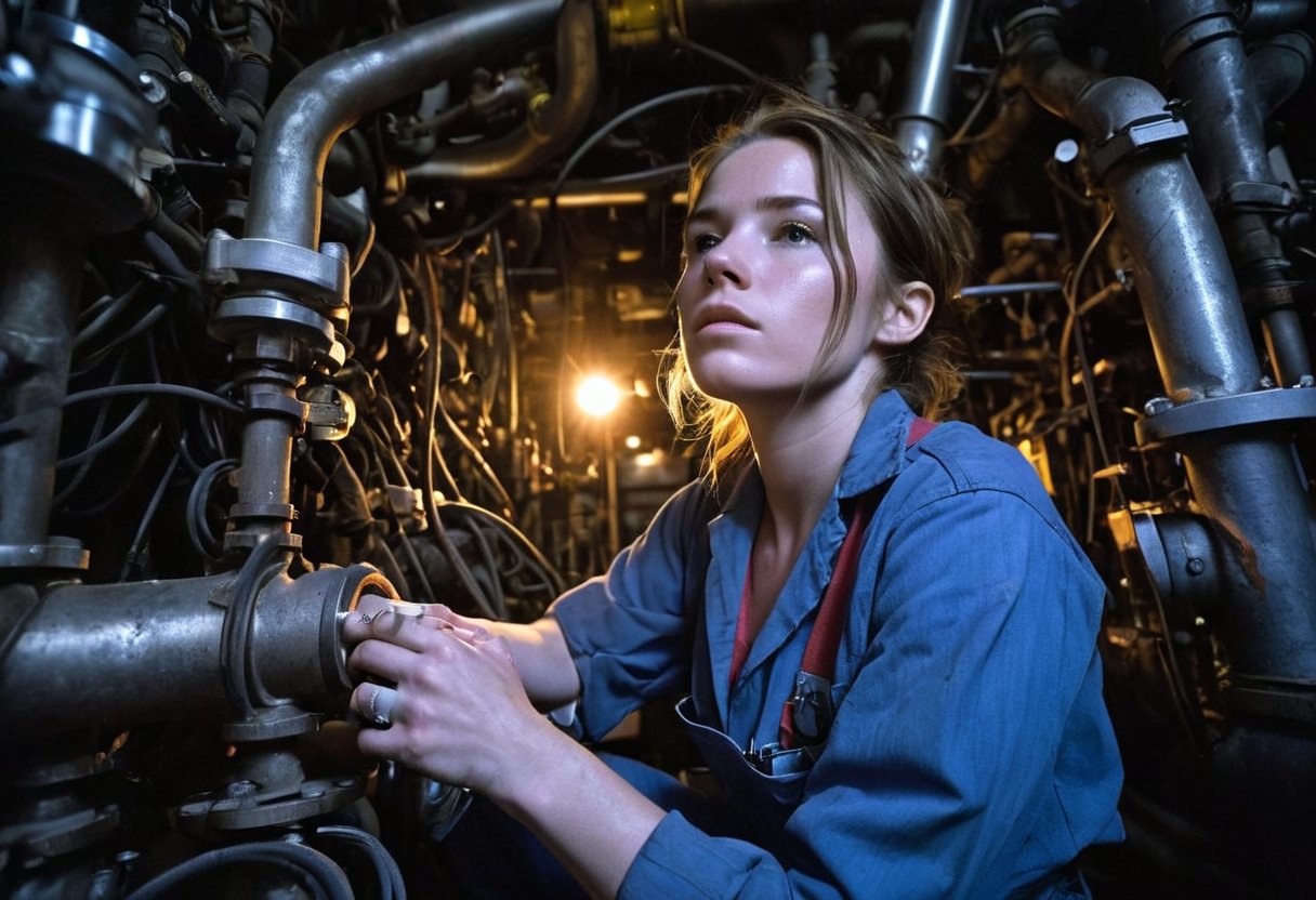 In the heart of a sprawling industrial complex, a petite mechanic in worn coveralls is precariously perched amidst a tangle of pipes, valves, and cables, her hands grasping a valve wrench as she battles to tighten a stubborn valve. Oil slicks her skin, and a few stray strands of hair cling to her face, while the bright fluorescent lights above cast an eerie glow on the chaotic scene. The camera frames her from a low angle, capturing the gritty determination etched on her face as she struggles to free herself from the cramped space.