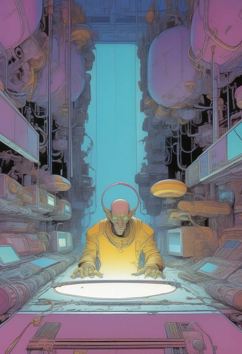 (?!-Panel Comic) Tortured by MOEBIUS (cyberpunk), Art Station, Bande Dessinée story transcription, full color