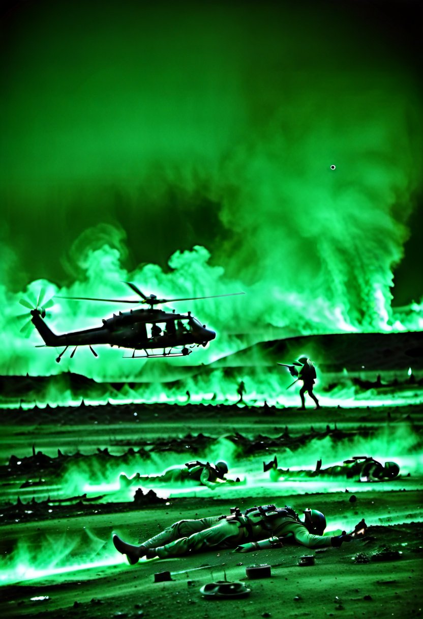 Capture images of the battlefield (through thermal imaging and night vision cameras)Battlefield scene, helicopter, 
debris,explosion,DonMD34thM4g1cXL,Clear Glass Skin