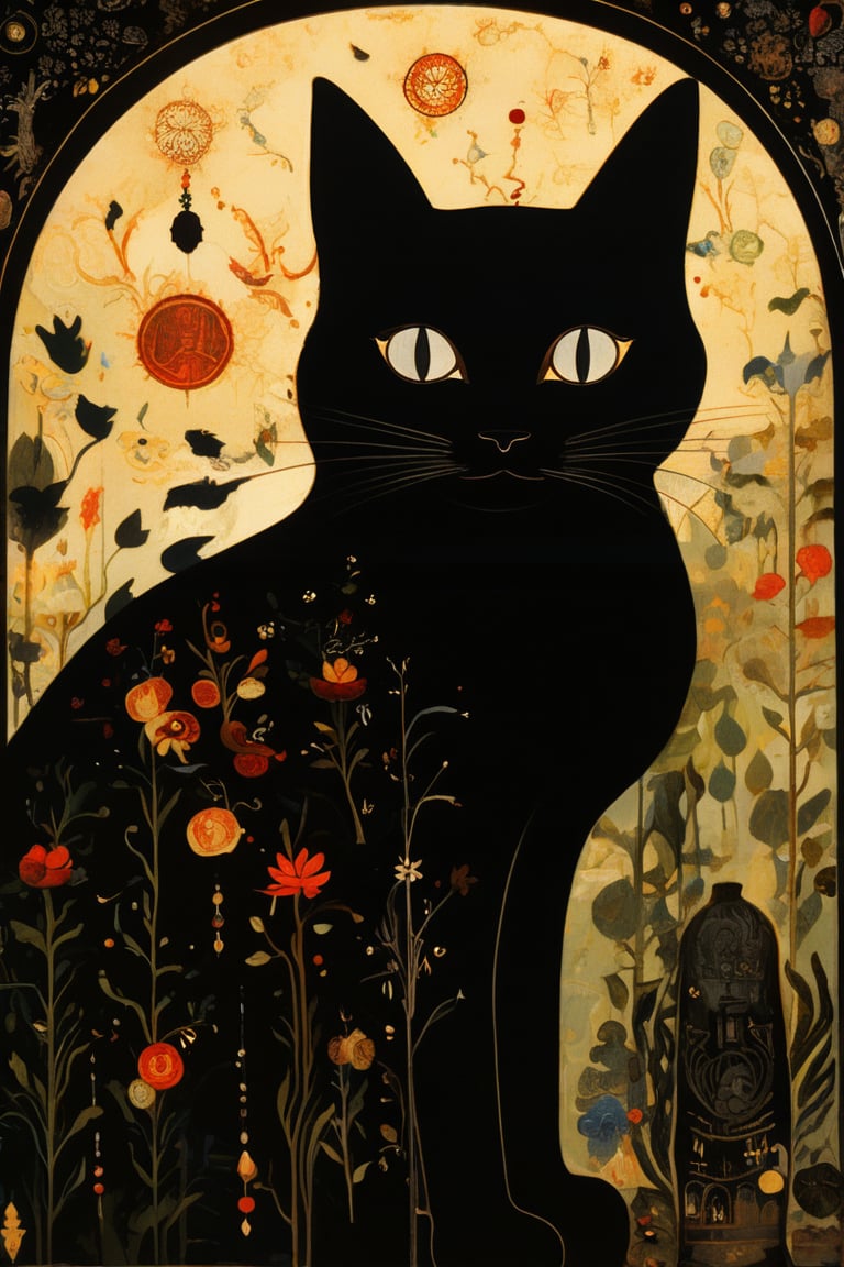 (masterpiece, best quality, shadow puppet fairy tale, best quality, official art, beautiful and aesthetic: 1.2), highly detailed, captured in the detailed gouache style of Hieronymus Bosch and Klimt. Black Cat